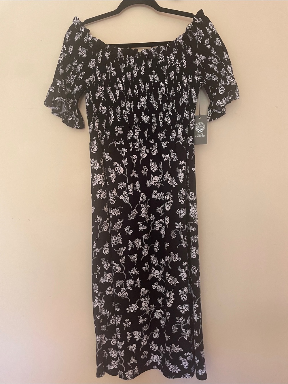 Vince Camuto Black and White Floral Off-Shoulder Midi Dress